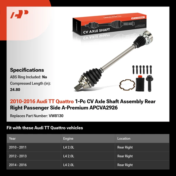 2010-2016 Audi TT Quattro 1-Pc CV Axle Shaft Assembly Rear Right Passenger Side A-Premium APCVA2926