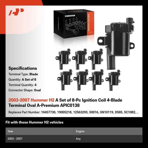 2003-2007 Hummer H2 A Set of 8-Pc Ignition Coil 4-Blade Terminal Oval A-Premium APIC0138