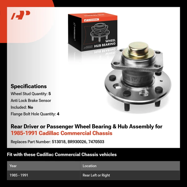 Rear Driver or Passenger Wheel Bearing & Hub Assembly for 1985-1991 Cadillac Commercial Chassis