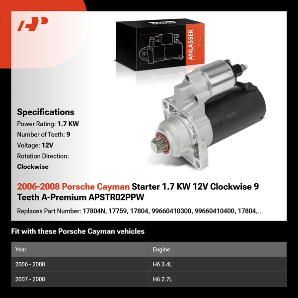 2006-2008 Porsche Cayman Starter 1.7 KW 12V Clockwise 9 Teeth A-Premium APSTR02PPW