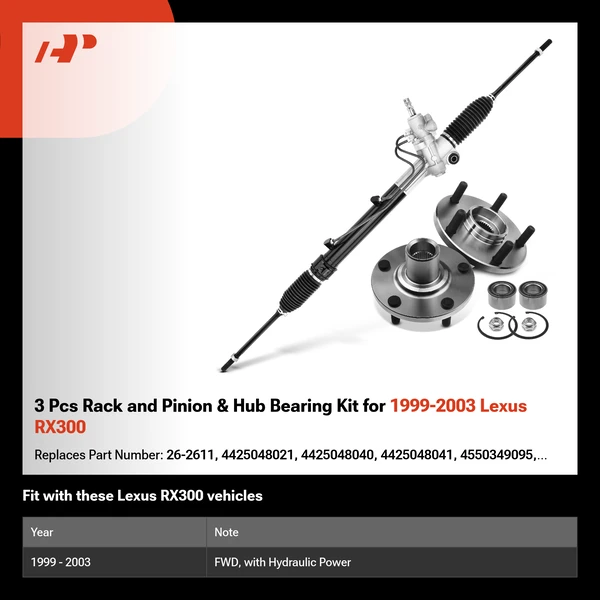 3 Pcs Rack and Pinion & Hub Bearing Kit for 1999-2003 Lexus RX300