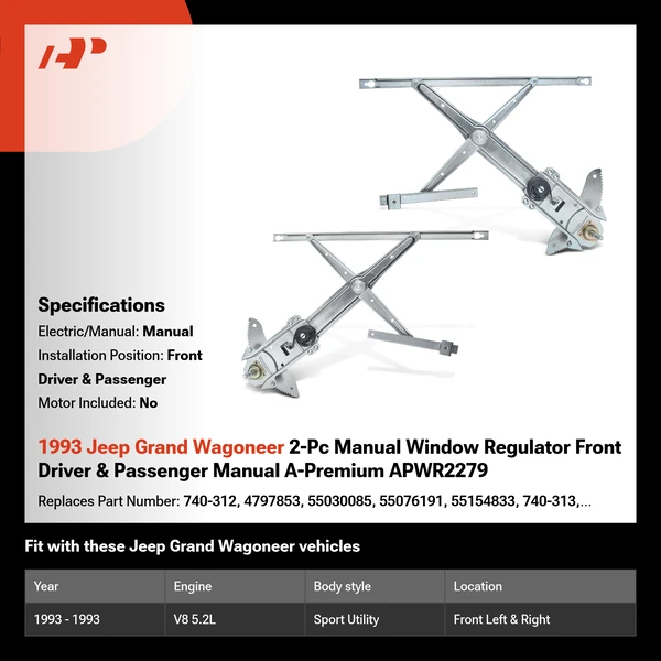 1993 Jeep Grand Wagoneer 2-Pc Manual Window Regulator Front Driver & Passenger Manual A-Premium APWR2279