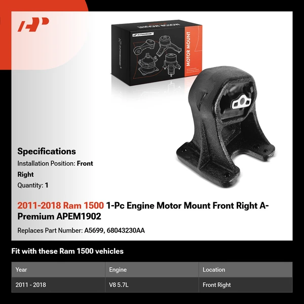 2011-2018 Ram 1500 1-Pc Engine Motor Mount Front Right A-Premium APEM1902