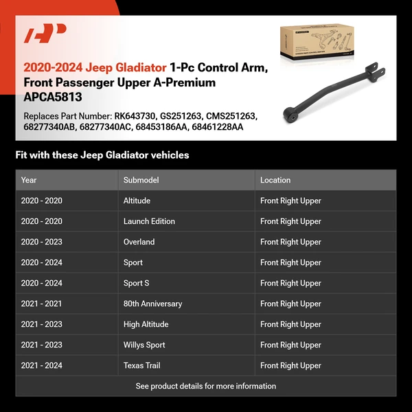 2020-2024 Jeep Gladiator 1-Pc Control Arm, Front Passenger Upper A-Premium APCA5813