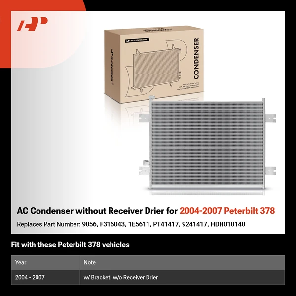 AC Condenser without Receiver Drier for 2004-2007 Peterbilt 378