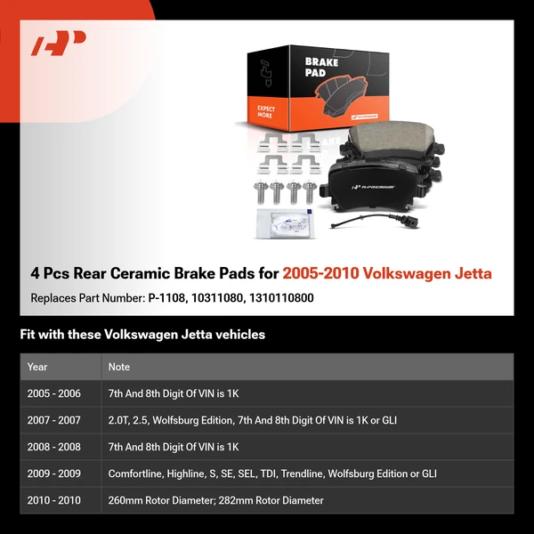 4 Pcs Rear Ceramic Brake Pads for 2005-2010 Volkswagen Jetta
