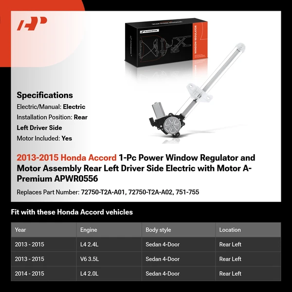 2013-2015 Honda Accord 1-Pc Power Window Regulator and Motor Assembly Rear Left Driver Side Electric with Motor A-Premium APWR0556