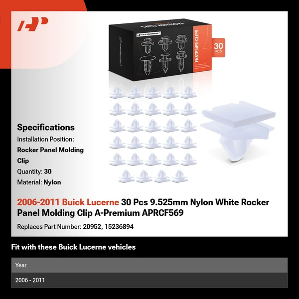 2006-2011 Buick Lucerne 30 Pcs 9.525mm Nylon White Rocker Panel Molding Clip A-Premium APRCF569