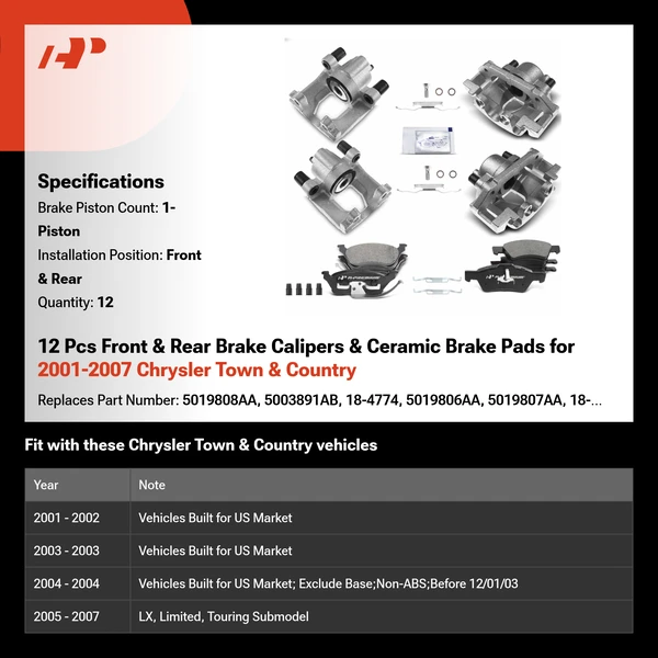 12 Pcs Front & Rear Brake Calipers & Ceramic Brake Pads for 2001-2007 Chrysler Town & Country