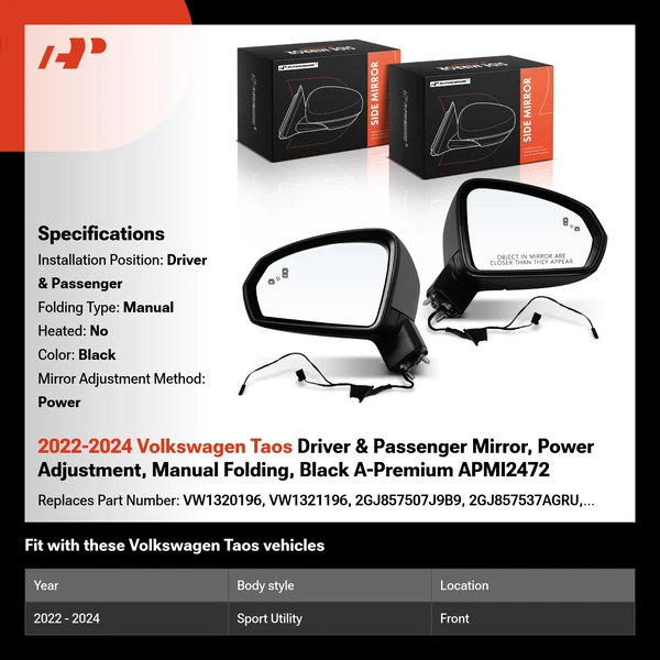 2022-2024 Volkswagen Taos Driver & Passenger Mirror, Power Adjustment, Manual Folding, Black A-Premium APMI2472