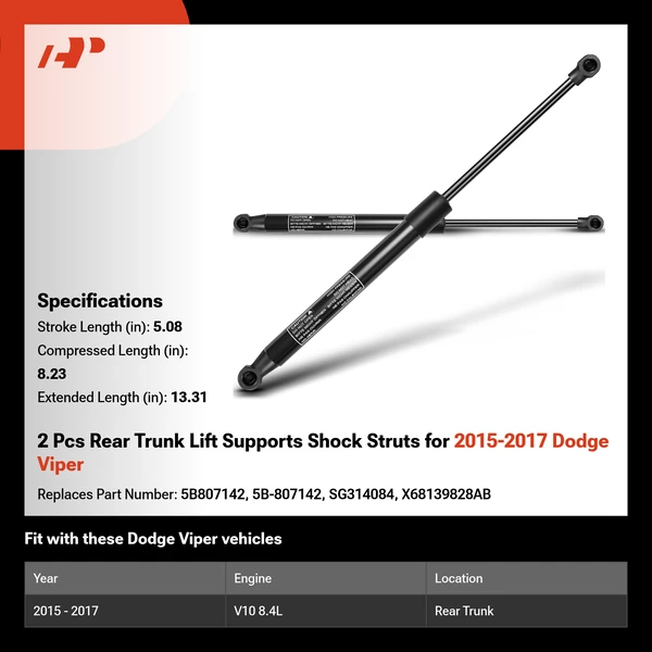 2 Pcs Rear Trunk Lift Supports Shock Struts for 2015-2017 Dodge Viper