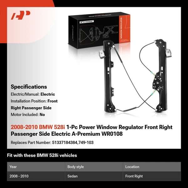 2008-2010 BMW 528i 1-Pc Power Window Regulator Front Right Passenger Side Electric A-Premium WR0108