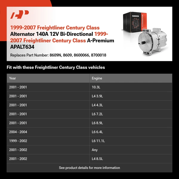 1999-2007 Freightliner Century Class Alternator 140A 12V Bi-Directional 1999-2007 Freightliner Century Class A-Premium APALT634