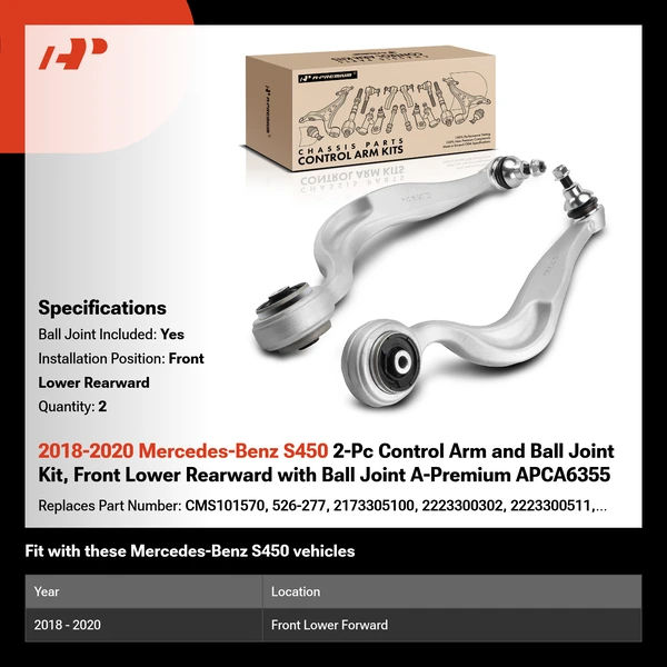 2018-2020 Mercedes-Benz S450 2-Pc Control Arm and Ball Joint Kit, Front Lower Rearward with Ball Joint A-Premium APCA6355