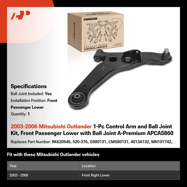 2003-2006 Mitsubishi Outlander 1-Pc Control Arm and Ball Joint Kit, Front Passenger Lower with Ball Joint A-Premium APCA5860