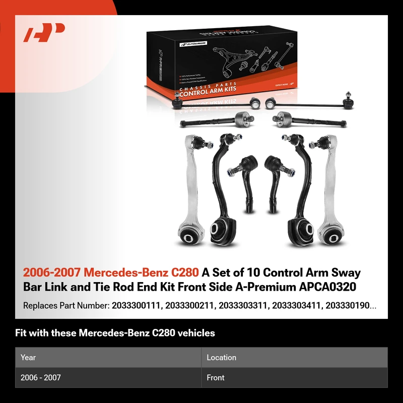 2006-2007 Mercedes-Benz C280 A Set of 10 Control Arm Sway Bar Link and Tie Rod End Kit Front Side A-Premium APCA0320