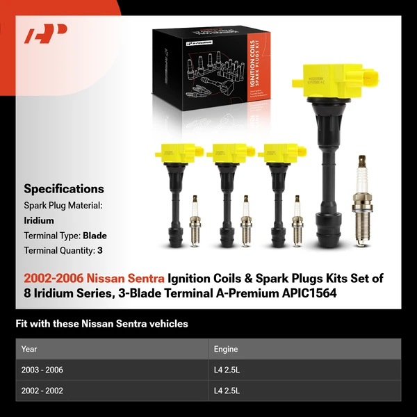 2002-2006 Nissan Sentra Ignition Coils & Spark Plugs Kits Set of 8 Iridium Series, 3-Blade Terminal A-Premium APIC1564