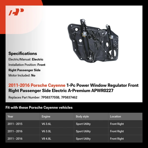 2011-2016 Porsche Cayenne 1-Pc Power Window Regulator Front Right Passenger Side Electric A-Premium APWR0227