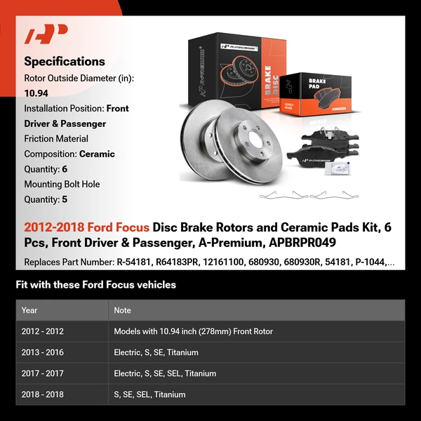 2012-2018 Ford Focus Disc Brake Rotors and Ceramic Pads Kit, 6 Pcs, Front Driver & Passenger, A-Premium, APBRPR049