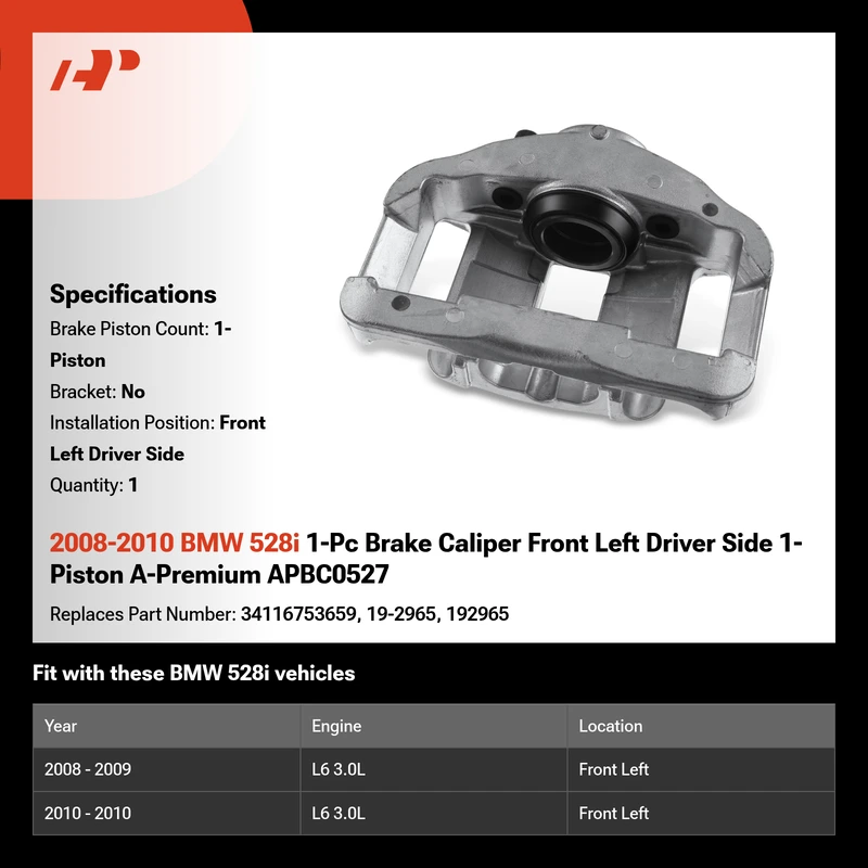 2008-2010 BMW 528i 1-Pc Brake Caliper Front Left Driver Side 1-Piston A-Premium APBC0527