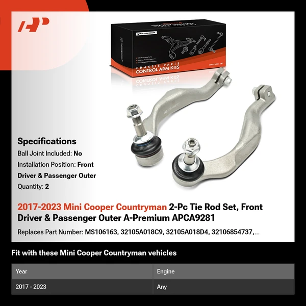2017-2023 Mini Cooper Countryman 2-Pc Tie Rod Set, Front Driver & Passenger Outer A-Premium APCA9281