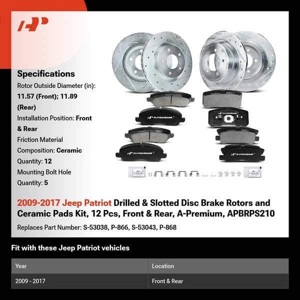 2009-2017 Jeep Patriot Drilled & Slotted Disc Brake Rotors and Ceramic Pads Kit, 12 Pcs, Front & Rear, A-Premium, APBRPS210