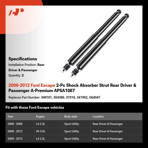 2008-2012 Ford Escape 2-Pc Shock Absorber Strut Rear Driver & Passenger A-Premium APSA1087