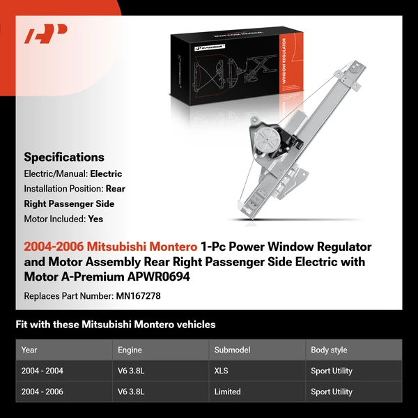 2004-2006 Mitsubishi Montero 1-Pc Power Window Regulator and Motor Assembly Rear Right Passenger Side Electric with Motor A-Premium APWR0694