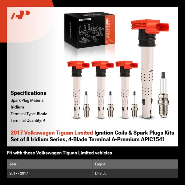 2017 Volkswagen Tiguan Limited Ignition Coils & Spark Plugs Kits Set of 8 Iridium Series, 4-Blade Terminal A-Premium APIC1541