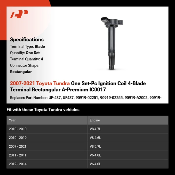 2007-2021 Toyota Tundra One Set-Pc Ignition Coil 4-Blade Terminal Rectangular A-Premium IC0017