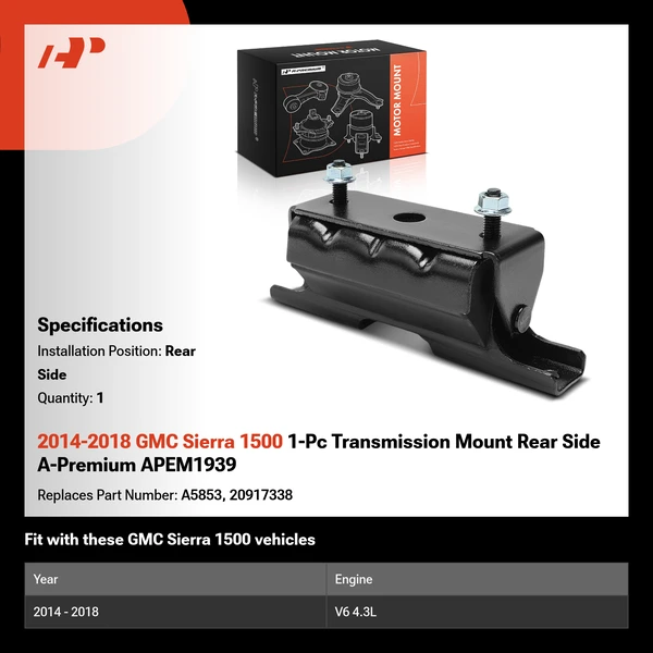 2014-2018 GMC Sierra 1500 1-Pc Transmission Mount Rear Side A-Premium APEM1939