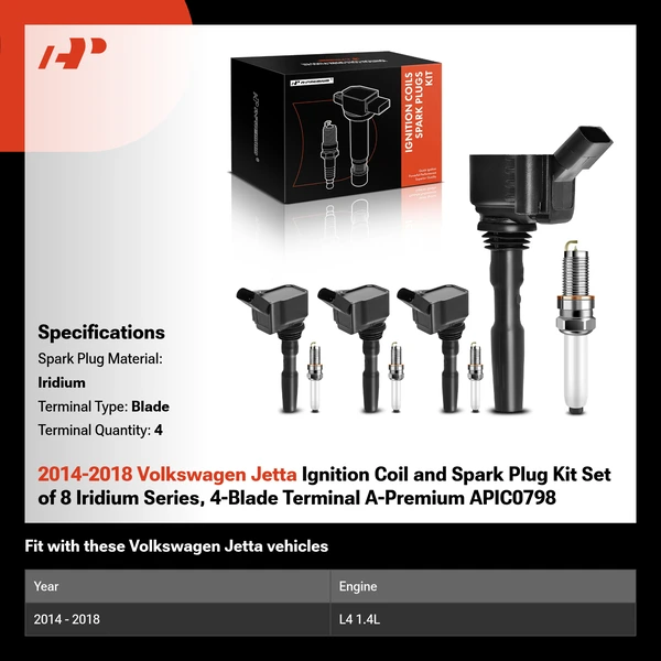 2014-2018 Volkswagen Jetta Ignition Coil and Spark Plug Kit Set of 8 Iridium Series, 4-Blade Terminal A-Premium APIC0798