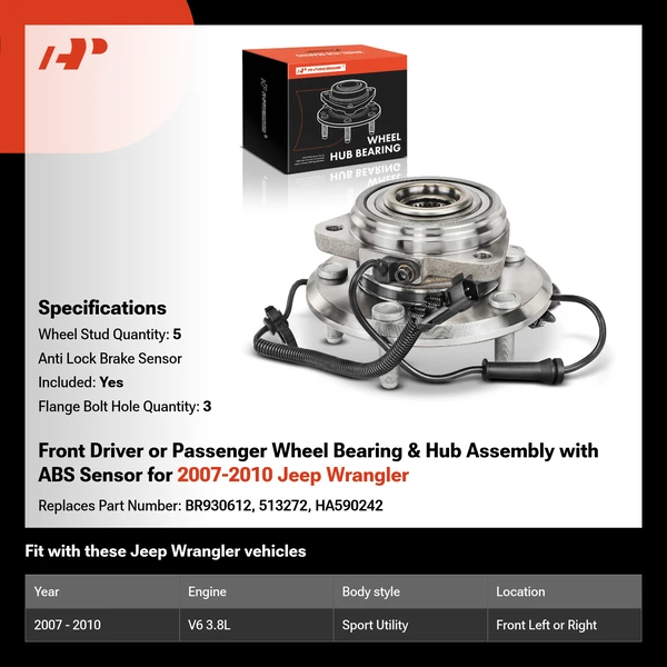 Front Driver or Passenger Wheel Bearing & Hub Assembly with ABS Sensor for 2007-2010 Jeep Wrangler