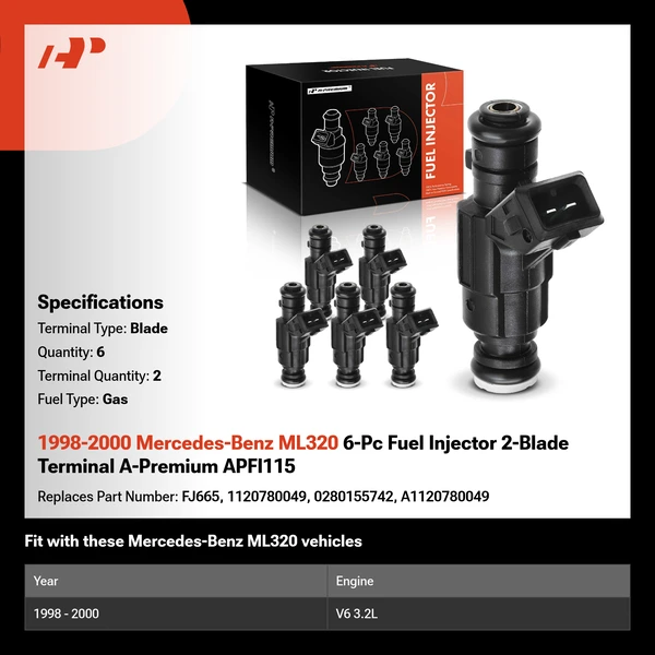 1998-2000 Mercedes-Benz ML320 6-Pc Fuel Injector 2-Blade Terminal A-Premium APFI115