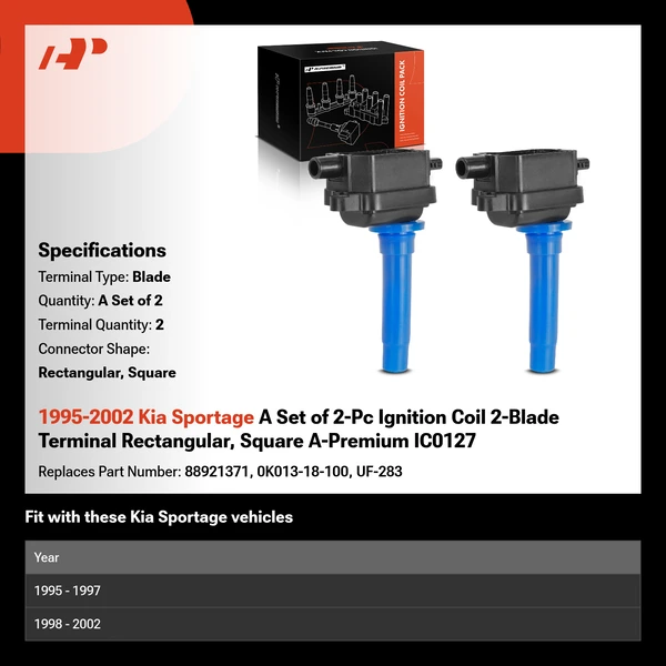 1995-2002 Kia Sportage A Set of 2-Pc Ignition Coil 2-Blade Terminal Rectangular, Square A-Premium IC0127