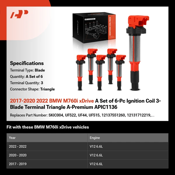 2017-2020 2022 BMW M760i xDrive A Set of 6-Pc Ignition Coil 3-Blade Terminal Triangle A-Premium APIC1136