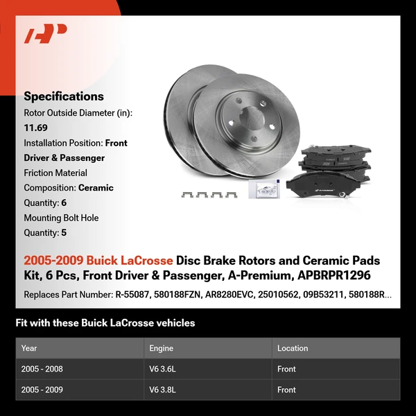 2005-2009 Buick LaCrosse Disc Brake Rotors and Ceramic Pads Kit, 6 Pcs, Front Driver & Passenger, A-Premium, APBRPR1296