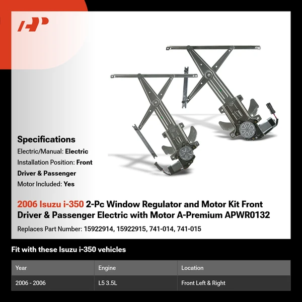 2006 Isuzu i-350 2-Pc Window Regulator and Motor Kit Front Driver & Passenger Electric with Motor A-Premium APWR0132