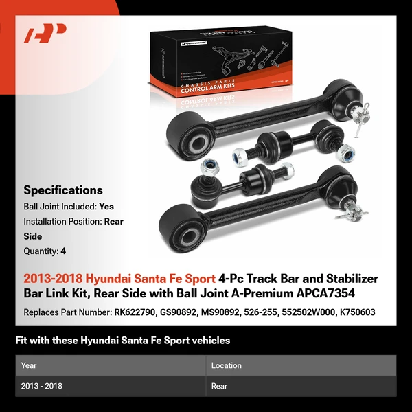 2013-2018 Hyundai Santa Fe Sport 4-Pc Track Bar and Stabilizer Bar Link Kit, Rear Side with Ball Joint A-Premium APCA7354