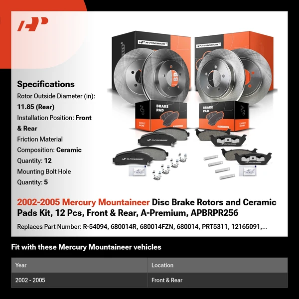 2002-2005 Mercury Mountaineer Disc Brake Rotors and Ceramic Pads Kit, 12 Pcs, Front & Rear, A-Premium, APBRPR256