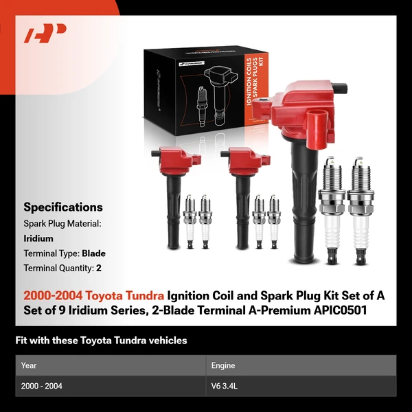 2000-2004 Toyota Tundra Ignition Coil and Spark Plug Kit Set of A Set of 9 Iridium Series, 2-Blade Terminal A-Premium APIC0501