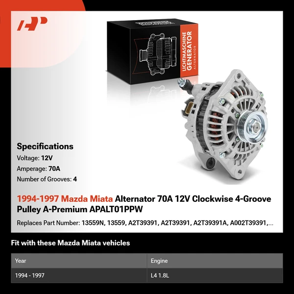 1994-1997 Mazda Miata Alternator 70A 12V Clockwise 4-Groove Pulley A-Premium APALT01PPW