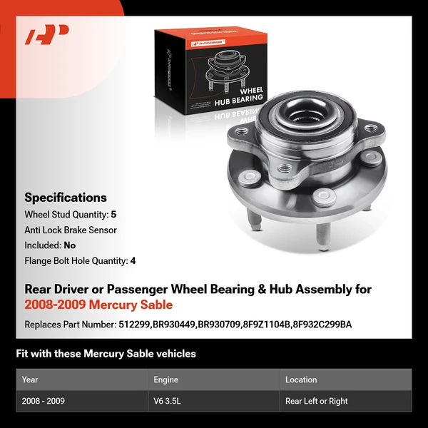 Rear Driver or Passenger Wheel Bearing & Hub Assembly for 2008-2009 Mercury Sable