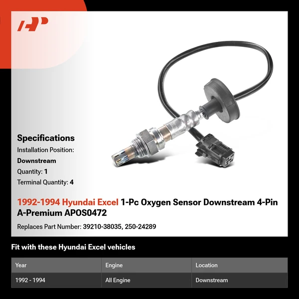 1992-1994 Hyundai Excel 1-Pc Oxygen Sensor Downstream 4-Pin A-Premium APOS0472