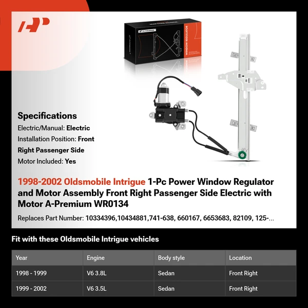1998-2002 Oldsmobile Intrigue 1-Pc Power Window Regulator and Motor Assembly Front Right Passenger Side Electric with Motor A-Premium WR0134