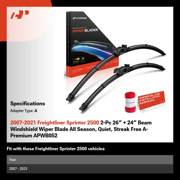 2007-2021 Freightliner Sprinter 2500 2-Pc 26″ + 24″ Beam Windshield Wiper Blade All Season, Quiet, Streak Free A-Premium APWB052