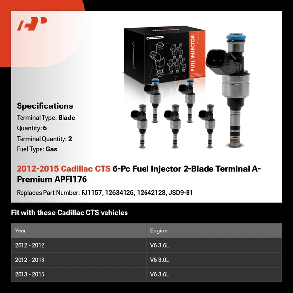 2012-2015 Cadillac CTS 6-Pc Fuel Injector 2-Blade Terminal A-Premium APFI176