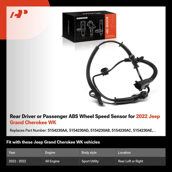 Rear Driver or Passenger ABS Wheel Speed Sensor for 2022 Jeep Grand Cherokee WK