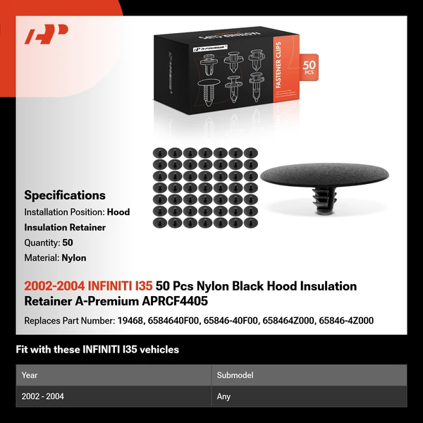 2002-2004 INFINITI I35 50 Pcs Nylon Black Hood Insulation Retainer A-Premium APRCF4405