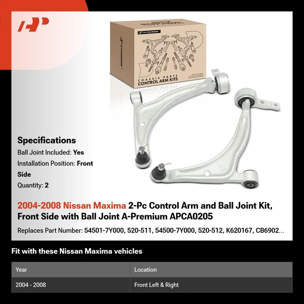 2004-2008 Nissan Maxima 2-Pc Control Arm and Ball Joint Kit, Front Side with Ball Joint A-Premium APCA0205